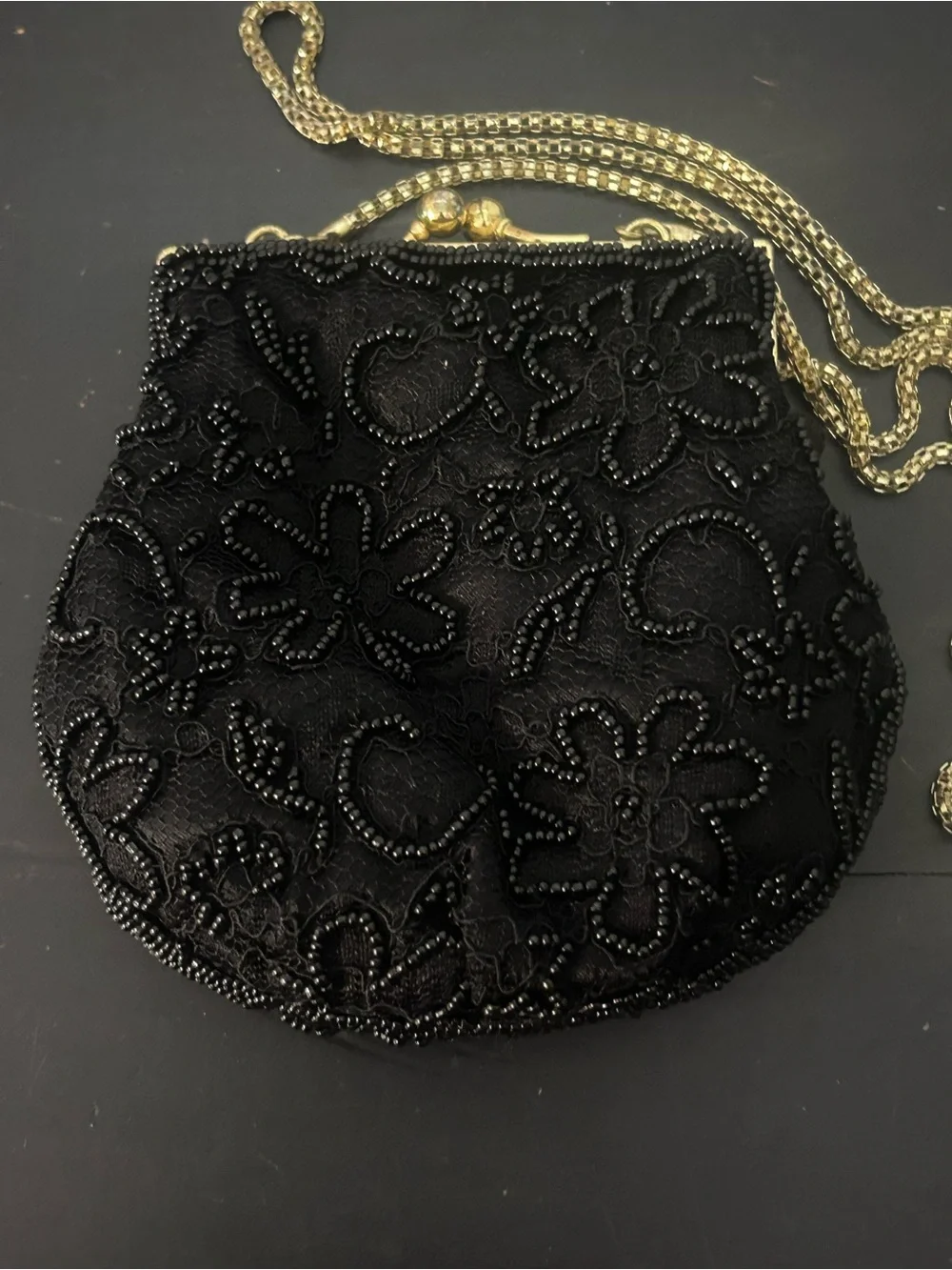 Vintage Regale Ltd Black Beaded Floral Evening Bag Kiss Lock Gold Chain Purse